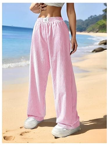 WDIRARA Women's Striped Print Straight Leg Pants Elastic Waist Casual Trousers with Pockets thumbnail 5