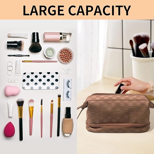 Abiudeng Large Capacity Makeup Bag Ladies Cosmetic Bag Travel Bag with Compartments Portable PU Leather Travel Makeup Bag with Handle thumbnail 5