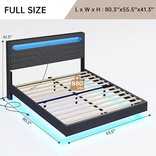 BTHFST Floating Bed Frame Full Size with RGB LED Lights Headboard, USB-C/A Power Outlets, Linen Upholstered Platform Bed with Storage Headboard, Innovative Stable Structure, Dark Gray thumbnail 2