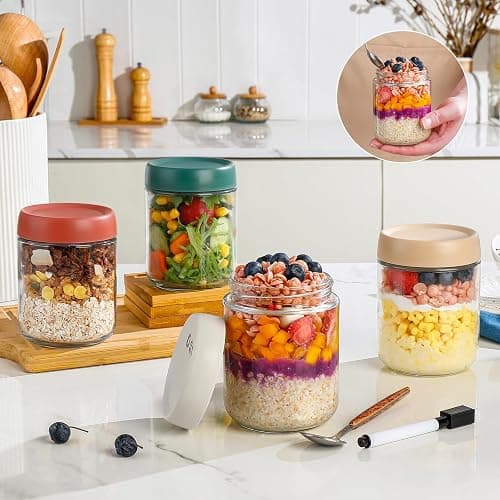 DIMBRAH Overnight Oats Containers with Lids,16oz Glass Jars with Lids - Set Of 4, Practical Oatmeal Container to Go, Chia Seed Pudding Jars, Baby Food Containers thumbnail 2