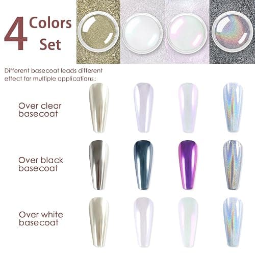 Allstarry Chrome Nail Powder 4pcs White Pearl Chrome Pigment Powder Iridescent Holographic Nail Glitter Dust Metallic Mirror Effect Pigment for Nail Gel Manicure DIY at Home Salon Women Gifts thumbnail 4