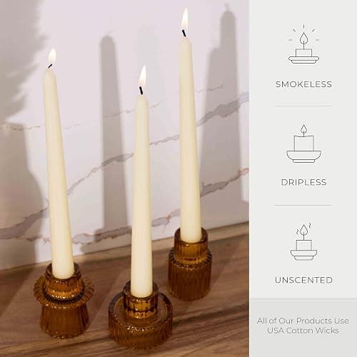 Bask 10-inch Taper Candles - Unscented and Dripless - Burns for 8 Hours - Home Decor for Dinner Table, Kitchen, and Bedroom - Perfect for a Romantic Date or Anniversary - 12-Pack - Ivory thumbnail 2