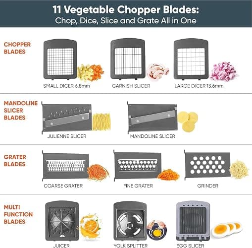 RüK Vegetable Chopper Slicer Onion Chopper Dicer, Multi 22-in-1 Veggie Mandoline Slicer Food Chopper Cutter for Tomato Fruit with Lemon Squeezer, E-Recipe, 11 Blades, Egg Separator & Slicer, Container thumbnail 3