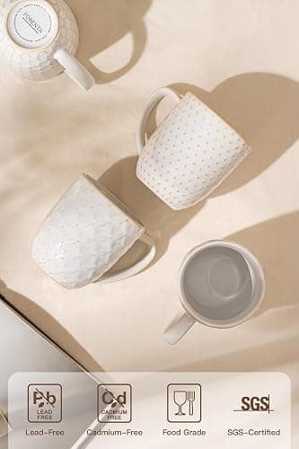 FOBENTA Ceramic Coffee Mugs Set of 4, 12oz Embossed Cups with Elegant Patterns – A Thoughtful Gift for Women, Mom, or Friends,Perfect for Tea, Latte, Cocoa (Arctic White, 12 OZ) thumbnail 3