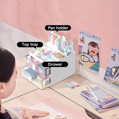 DRQ Desk Organizer with 2 Drawers, Multi-Functional Pencil Pen Holder for Desk Storage with 3 Compartments, Mini Cute Desk Accessories and Organizers for School Home Office Supplies (White) - White thumbnail 4