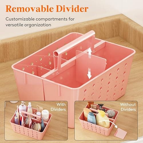 Lifewit Portable Shower Caddy with Handle, 1 Pcs Plastic Shower Caddy Dorm with Holes, Clean Organizer Basket for Bathroom, College, Dorm Room Essentials, Pink thumbnail 4