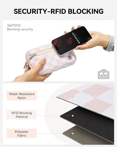 BOSTANTEN Wristlet Wallets for Women RFID Checkered Wallet with ID Window Nylon Wristlet Purse with 3 Zippers Dusty Pink thumbnail 6