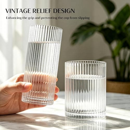 INSETLAN 12Pack Piece Ribbed Glassware - 6 Highball Glasses 12 oz, 6 Rocks Glass Cups 14 oz, Vintage Cocktail Drinking Glasses, Ideal for Wine, Juice, Water, Ice Coffee Cup, Whiskey, Mixed Drinkware thumbnail 4