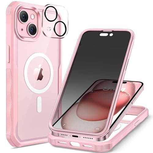 seacosmo for iPhone 15 Case, Full Body Bumper with Built-in 9H Tempered Glass Privacy Screen and Camera Lens Protector, Compatible with MagSafe, Shockproof 15 Phone Case, 6.1", Pink - Image 1