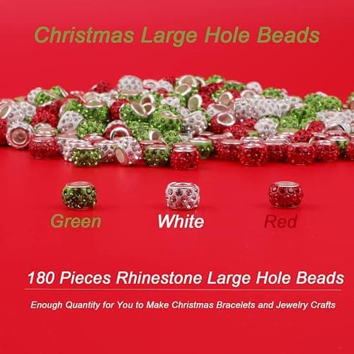 200 Piece Christmas Bead Kit - Large Hole, 180 Rhinestone European Beads, 20 Cute Christmas Pendants for DIY Bracelet Jewelry Making (Red, Green, White) thumbnail 3