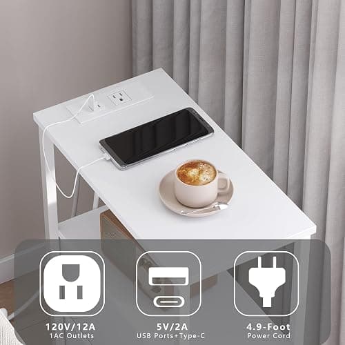 TUTOTAK Small Narrow End Table with Charging Station, Set of 2, Side Table with Outlets, Nightstand with 2 Cloth Drawers, Couch Table, for Living Room, Bedroom, Bedside, White TB01BW055 thumbnail 5