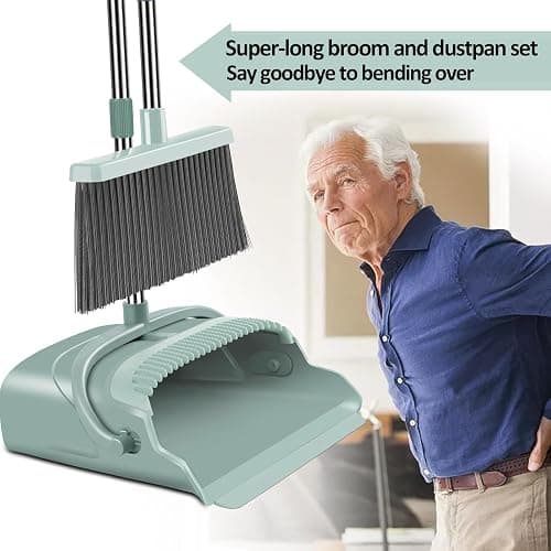 kelamayi Upgrade Broom and Dustpan Set, Large Size and with Long Handle, Upright,Ideal for Indoor Outdoor Garage Kitchen Room Office Lobby Use (Green) thumbnail 5