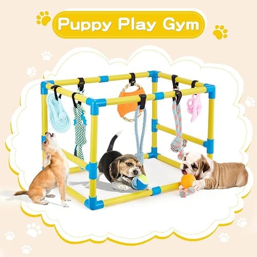 Keaber Puppy Play Gym with 8 Hanging Toys, Jungle Playground Gym for Small Dogs, PVC Frame with Hammock and Funny Enrichment Toys (23x17x17in) thumbnail 2