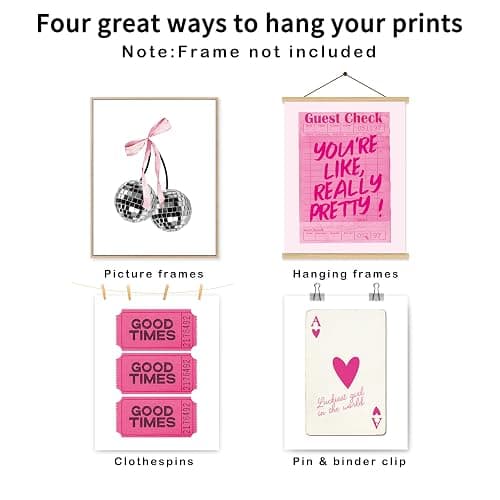 okaxscm Hot Pink Trendy Preppy Wall Art Prints Set of 4, Coquette Preppy Room Decor Aesthetic, Pink Room Wall Decor, Pink Cherry Disco Ball Wall Decor Posters for Girls Bedroom Dorm, 8x10 Unframed - 8x10 - pink thumbnail 2