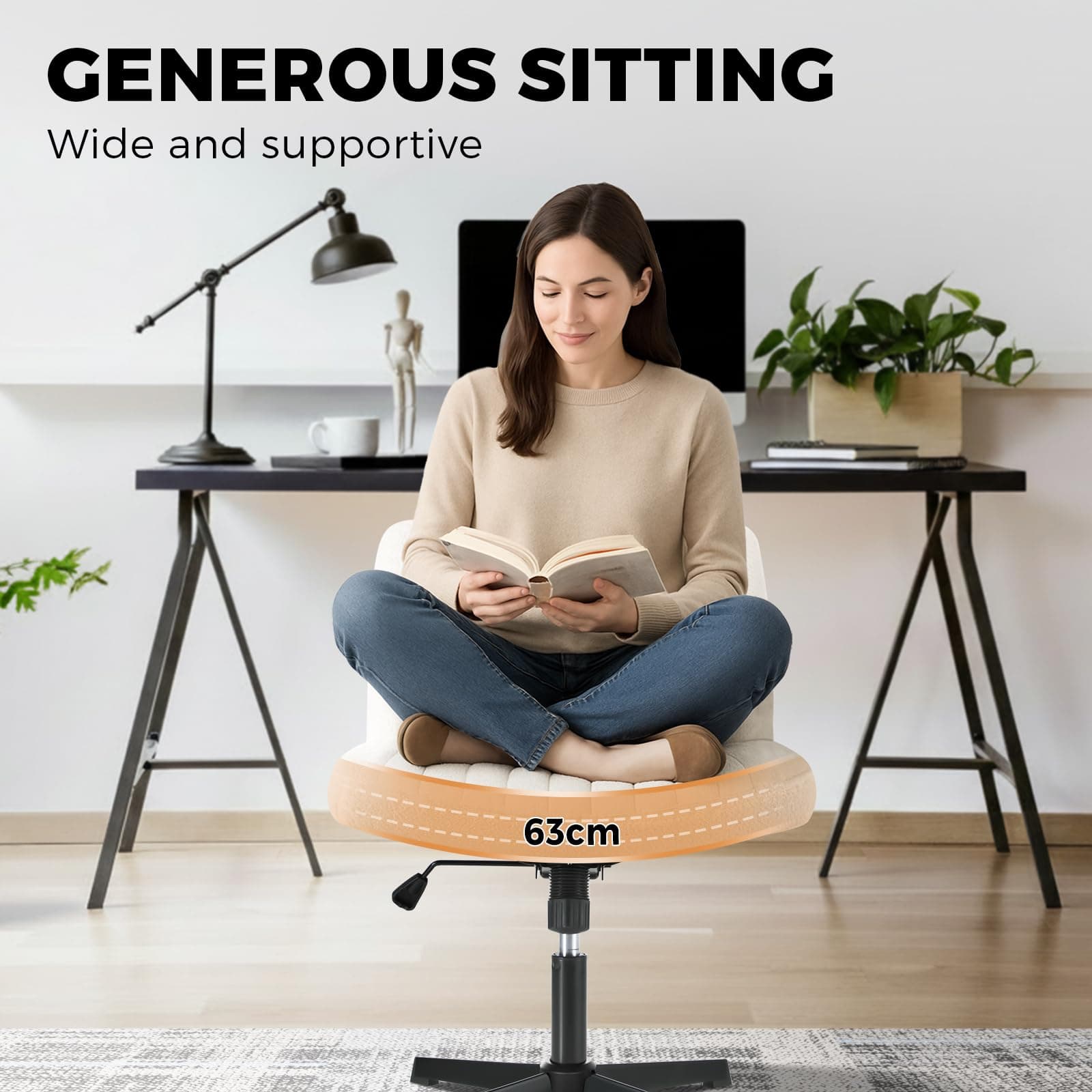 Oikiture Home Office Chair with Sherpa Fabric and Wider Seat White Cross Legged Office Chair thumbnail 4