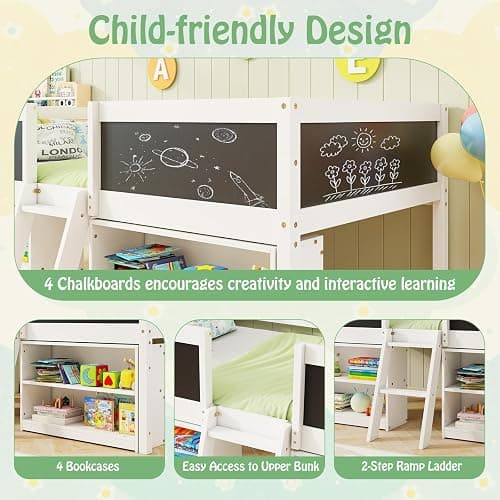 KOMFOTT Twin Size Low Loft Bed, Kids Loft Bed Frame with Movable Storage Shelves, Chalkboard & Ladder, Solid Wood Twin Bed with Under-Bed Play Area for Kids, Boys & Girls, No Box Spring Needed, White thumbnail 7