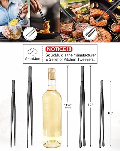 2 Pcs 12-inch Cooking Tweezers Tongs Precision Serrated Tips, Stainless Steel Professional Chef Tweezer Kitchen Tools for BBQ, Plating and Serving (Black) thumbnail 3