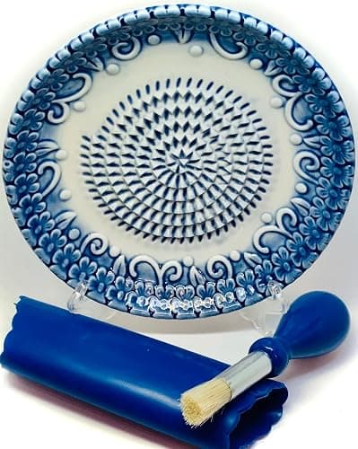 BonCera, Premium Ceramic Garlic Grater Plate Set - Blue Embossed | All-in-One 4-Piece Set includes 5.25" Plate, Peeler, Brush, and Stand - For Garlic, Ginger, Fruits, Strawberries, and more! thumbnail 5