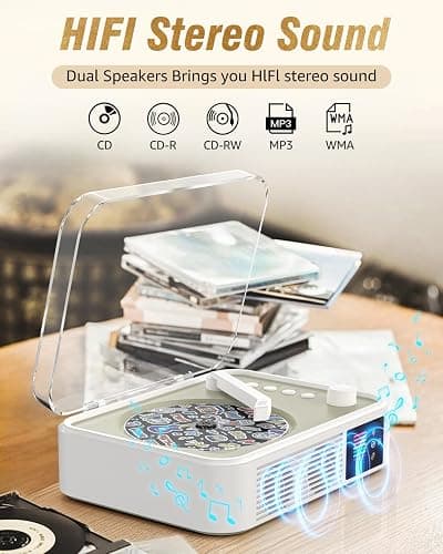 CD Player Portable Bluetooth LED Desktop Retro CD Players for Home with Speakers Rechargeble Battery Small Vintage CD Player with Bluetooth Out & Input, USB, AUX Out, Remote Control (White) thumbnail 3