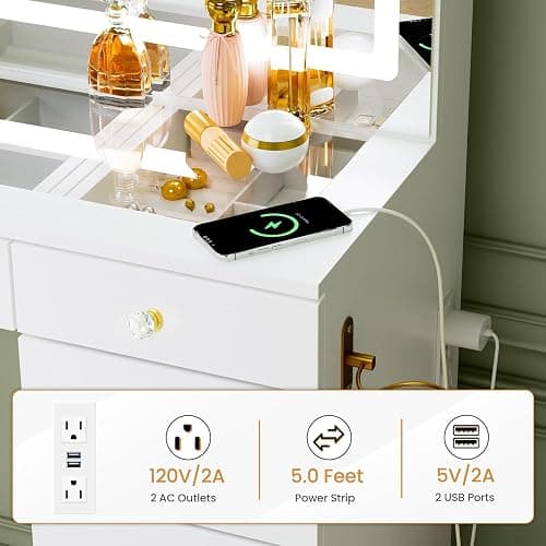 Fkhouse 11 Drawers Glass Top Vanity Desk, Crystal Handles Makeup Vanity with Mirror and Lights, Dressing Table with Power Outlet, Adjustable Lighting Modes, White thumbnail 5
