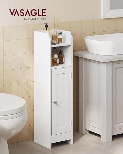 VASAGLE Meuble de Salle de Bain, Armoire d’Angle avec Porte et Étagères, Organisateur de Rangement, Meuble Étroit pour Papier Toilette, Étagères Réglables, 20 x 18 x 80 cm, Blanc Nuage BBC310W01 thumbnail 2
