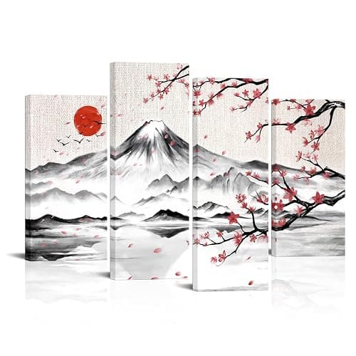 LyerArtork 4 Panel Japanese Ink Painting Wall Art Mount Fuji with Moon Pictures Wall Decor Cherry Blossom Canvas Print Japan Traditional Artwork for Living Room Bedroom Decoration - Image 1