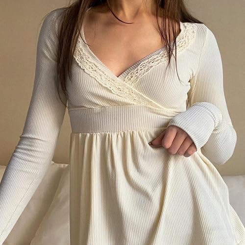 Y2k Long Sleeve V Neck Tops for Women Vintage Ribbed Top Fall Lace Trim Shirt Going Out Coquette Clothes thumbnail 3