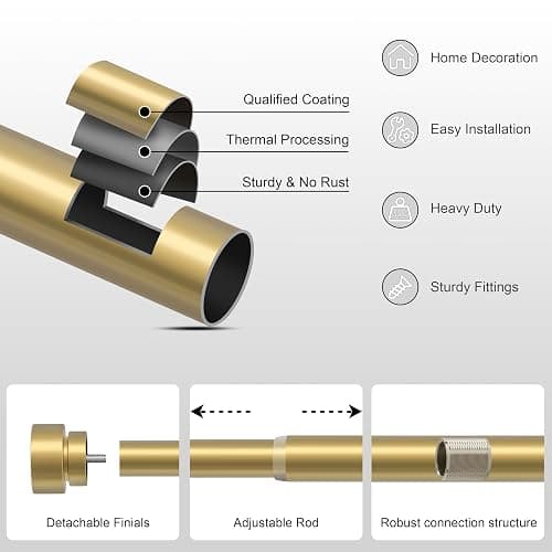 PORTRES Gold Heavy Duty Curtain Rods for Windows 66 to 120 Inches Adjustable Length 1" Diameter Brass Curtain Rod with Modern Decorative Finials for Outdoor Bedroom Kitchen Living Room thumbnail 6