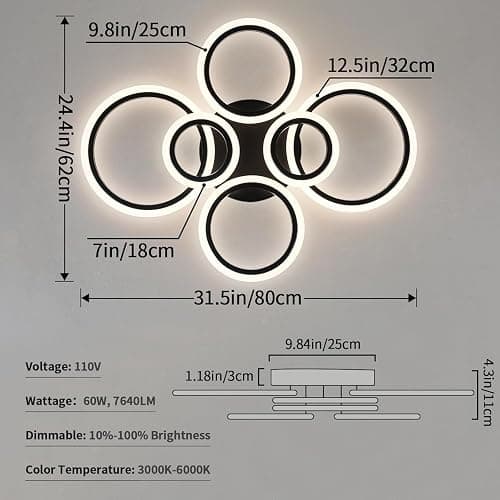 Shine LUEST 6 Rings Black Modern LED Ceiling Light Fixture, Flush Mount Ceiling Light with Remote Dimmable Brightness, Adjustable 3000-6000K Color Temperature, Timer for Living Room, Bedroom - Black, 6 Rings thumbnail 4