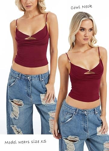 Navneet Women Layered Bra Draped Cowl Neck Tank Top Spaghetti Strap Cut Out Ruched Going Out Crop Cami Top thumbnail 3