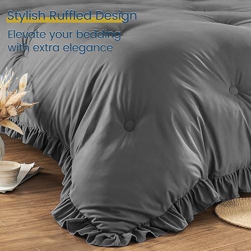 QUIETSEA Queen Bed in a Bag Dark Grey, 7 Pieces Comforter Set Queen | Ruffle Bedding Comforter Set, Shabby Chic Bed Set with Comforter, Pillowcases, Flat Sheet, Fitted Sheet and Pillow Shams thumbnail 2