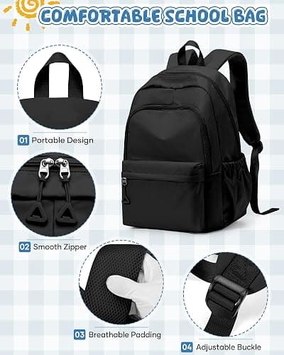winspansy Backpack for School Teenage Girls Boys,Waterproof Lightweight School Bags Travel Daypack Simple Cute College Backpack Rucksack for Women Men fit 14 Inch Laptop,Black thumbnail 5