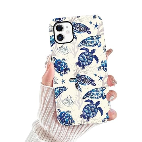Vulfwela Summer Turtle Phone Case for iPhone 12/12 Pro, Shcokproof Cove for Women Men - White Blue Tortoise Shell - Image 1