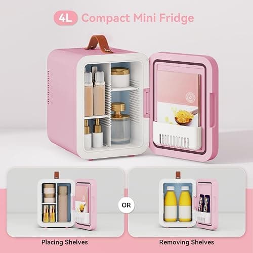 ARTETHYS Mini Skincare Fridge for Bedrooms, 4L Small Car Fridge with LED Mirror, Cooler and Warmer, Beauty Fridges for Home Office, 220V AC/12V DC, Pink thumbnail 7