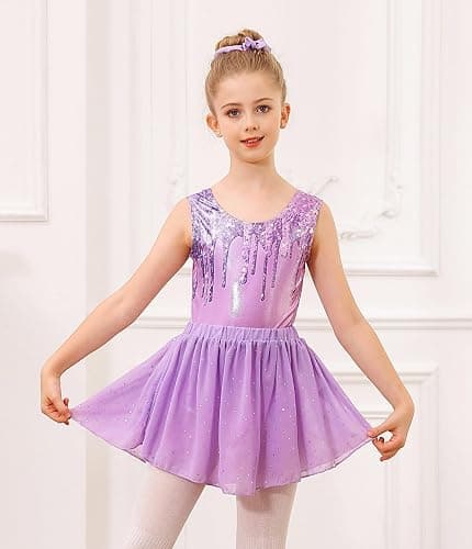 Idgreatim Gymnastics Leotards for Girls 3-Piece Outfit with Skirt 4-11Y | 3-piece set: foil-print leotard, removable sequin skirt and matching scrunchie; crisscross back; 95% polyester, 5% spandex. thumbnail 3