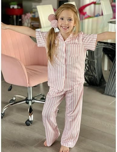 Arshiner Pajamas for Girls Short Sleeve Long Pants Outfit 2 Piece Sleepwear Button Pjs Sets thumbnail 4