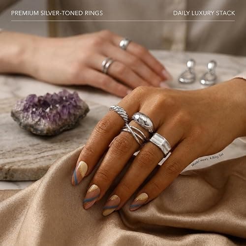 17KM 16 PCS Silver Chunky Rings Set for Women, 14k Silver Plated Thick Dome Stackable Open Rings Trendy Dainty Minimalist Jewelry Gifts thumbnail 7