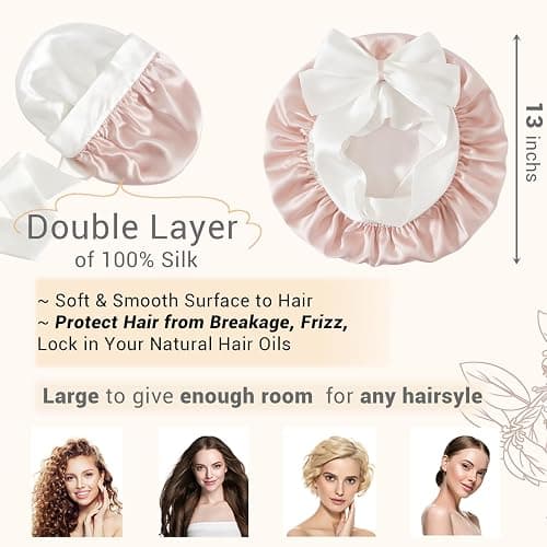 LaCourse Non-Slip 100% Mulberry Silk Bonnet for Sleeping Women Long Hair, Double-layered Silk Hair Wrap for Curly Hair, with Tie Bands to Secure the Cap (Pink+Ivory) thumbnail 5