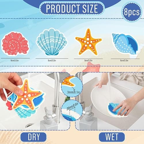 Whaline 8Pcs Starfish Shell Kitchen Sponges Water Absorbing Dish Washing Sponge Summer Sea Snail Starfish Shell Non Scratch Cleaning Scrub Sponges for Summer Home Kitchen Bathroom thumbnail 3