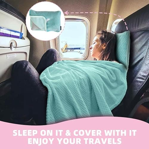 Nenolix 3 in 1 Travel Blanket Pillow Set - 350 GSM Thick Travel Blanket Airplane Compact with Bag, Soft Bag with a Pocket, Inflatable Travel Pillow for Camping & Car Trip(Mint Green) thumbnail 3