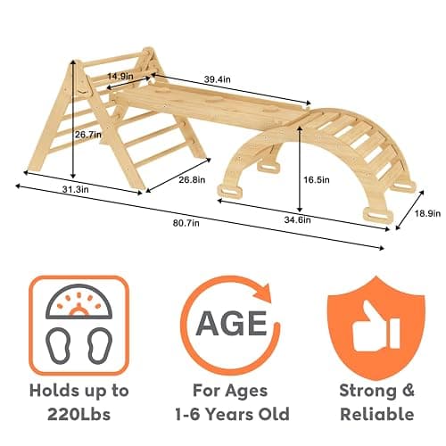 Avenlur Hazel 5-in-1 Indoor Climbing Gym - Waldorf and Montessori Climbing Set with Triangle Ladder, Climbing Ramp, Arch Climber, Rocker, and Slide - Montessori Toys for Children 18mo to 7yr (Natural) thumbnail 2