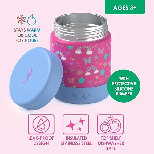 Bentgo Kids Stainless Steel Food Jar - 11oz Leak-Proof Double Insulated Hot or Cold Food Container with Removable Silicone Bumper, Dishwasher Safe, Easy Open Lid, Ages 3+ (Rainbows and Butterflies) thumbnail 5