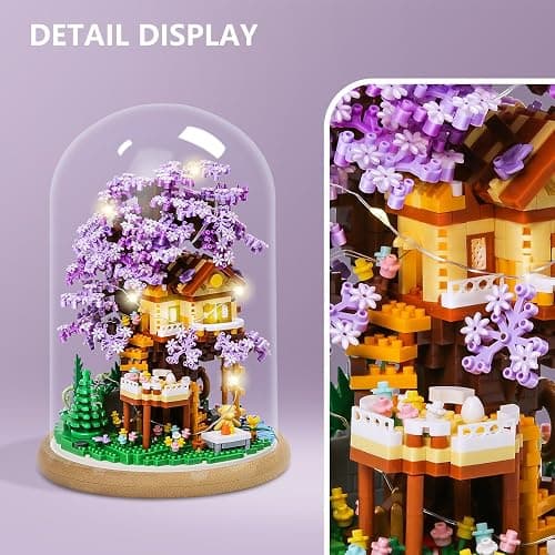 DIY Flower Building Toy Sets Miniature Cherry Blossom Tree House Building Kit, Purple & Yellow Sakura Flowers, Building Blocks Set for Adults & Girls - Bonsai Tree Model with Dust Cover thumbnail 5