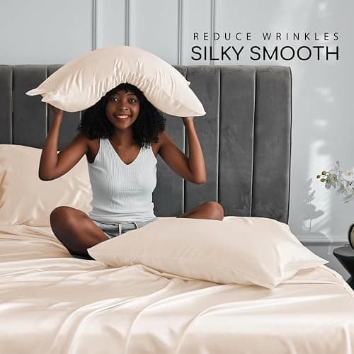 MR&HM Satin Bed Sheets, Full Size Sheets Set, 4 Pcs Silky Bedding Set with 15 Inches Deep Pocket for Mattress (Full, Beige) thumbnail 4