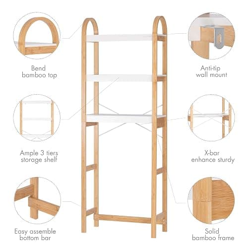 Spirich Over The Toilet Storage Shelf, 3-Tier Over Toilet Bathroom Organizer, Space-Saving Above Toilet Storage Shelf Rack with Bamboo Frame thumbnail 4