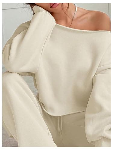 SOLY HUX Women's 2 Piece Outfits Fall Sweatsuits Off The Shoulder Crop Top Wide Leg Sweatpants Casual Matching Lounge Sets thumbnail 4