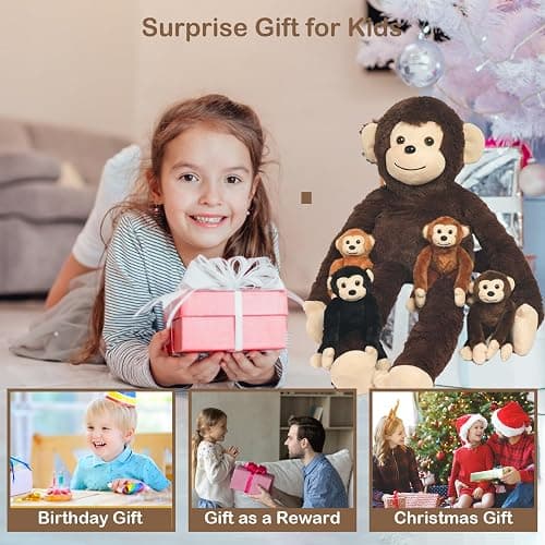 5 PCS Monkey Stuffed Animal, Large Huggable Stuffed Monkey Toy with 4 Baby Monkeys Inside, Hanging Plush Monkeys with Hook and Loop Suprise Gifts for Kids Christmas Birthday Jungle Forest Party Decor thumbnail 6