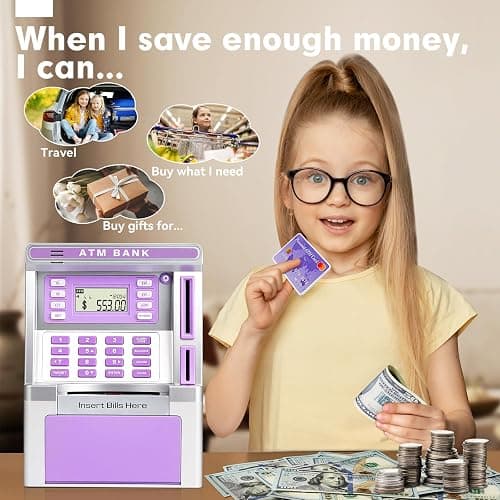 Purple Piggy Bank for Kids, ATM Machine Bank for Real Money with Debit Card, Bill Feeder, Coin Recognition, Balance Calculator, Electronic Savings Safe Box, Gifts for Teen Boy Girl thumbnail 6