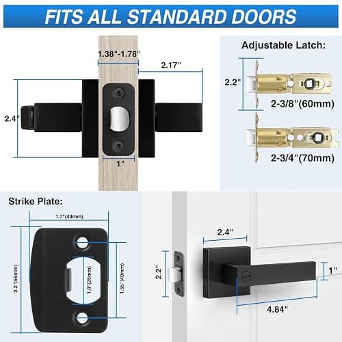 Plustool 8 Pack Matte Black Door Handles, Keyless Interior Door Knobs, Privacy Door Lever Locksets for Bedroom Bathroom, Heavy Duty Square Door Lock (2.0lb), Reversible for Left&Right Handled Doors thumbnail 2