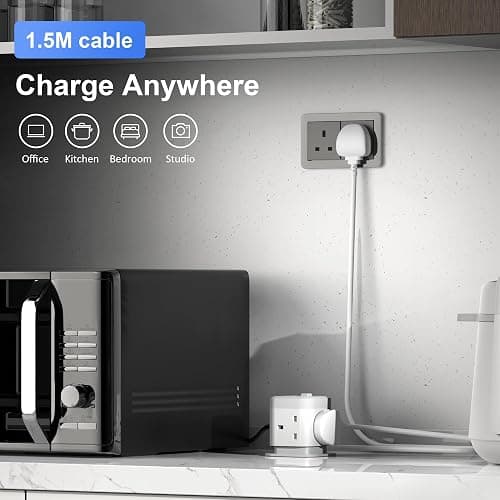 Tower Extension Lead with USB Slots 4 Way Cube Multi Plug with 1.5M Cable | 2 USB A and 1 USB C Ports, UK Power Strip with Switch Surge Protected Extension Socket Cord for Home Kitchen Office thumbnail 5